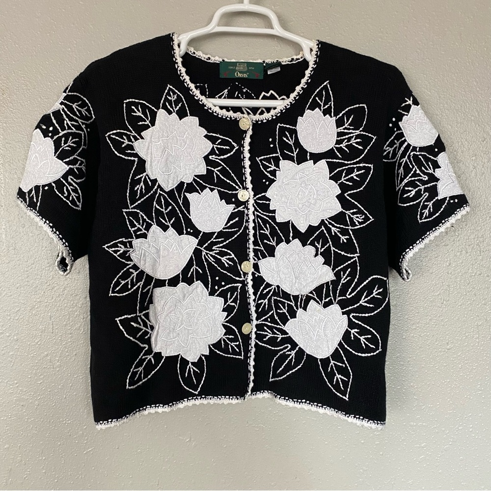 Orvis Black and White Floral Cardigan